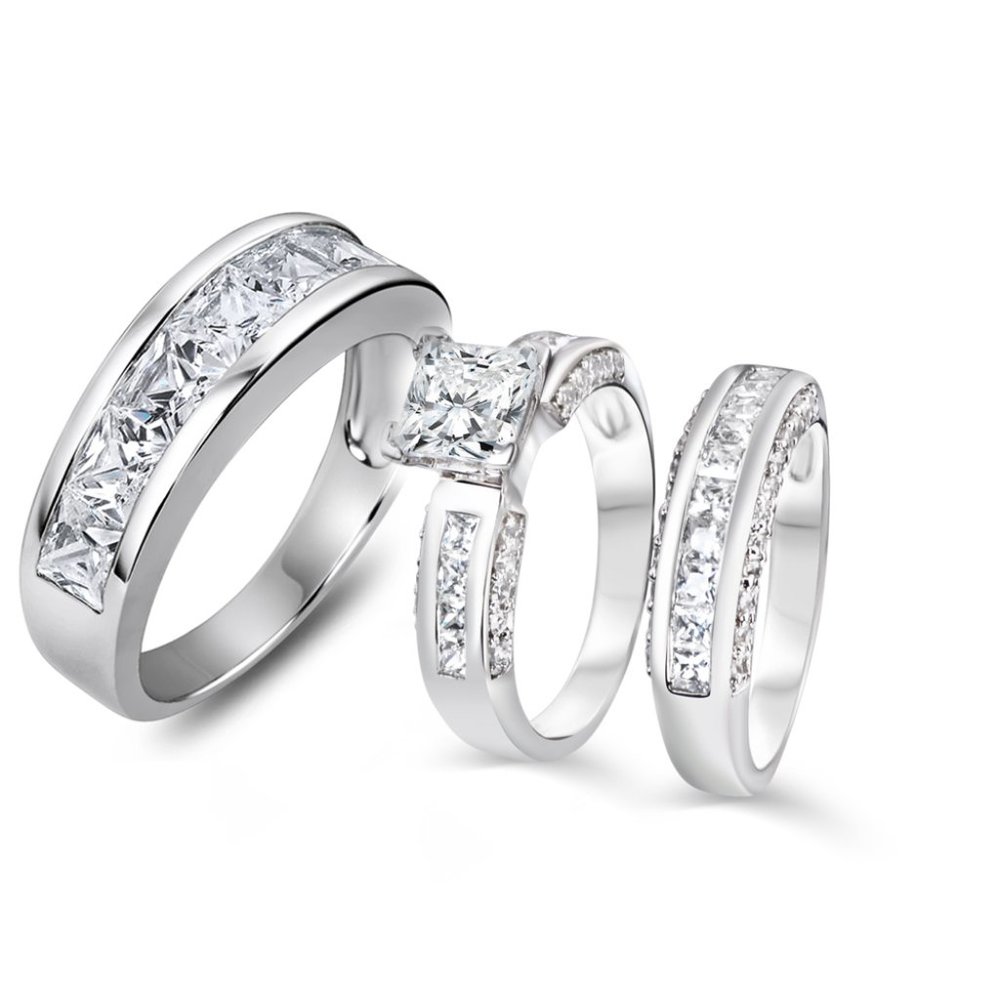 Real 925 His Hers Wedding Engagement Ring Set - Picture 4 of 7